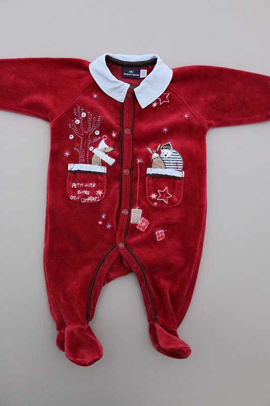 Dors-bien en velours rouge de Noël brodé col coton pressions devant  facilite habillage bébé 1 mois Sergent Major